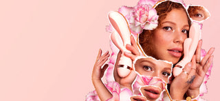 Graphic design edit of woman with red hair holding VUSH Muse Rabbit Vibrator lovingly against face